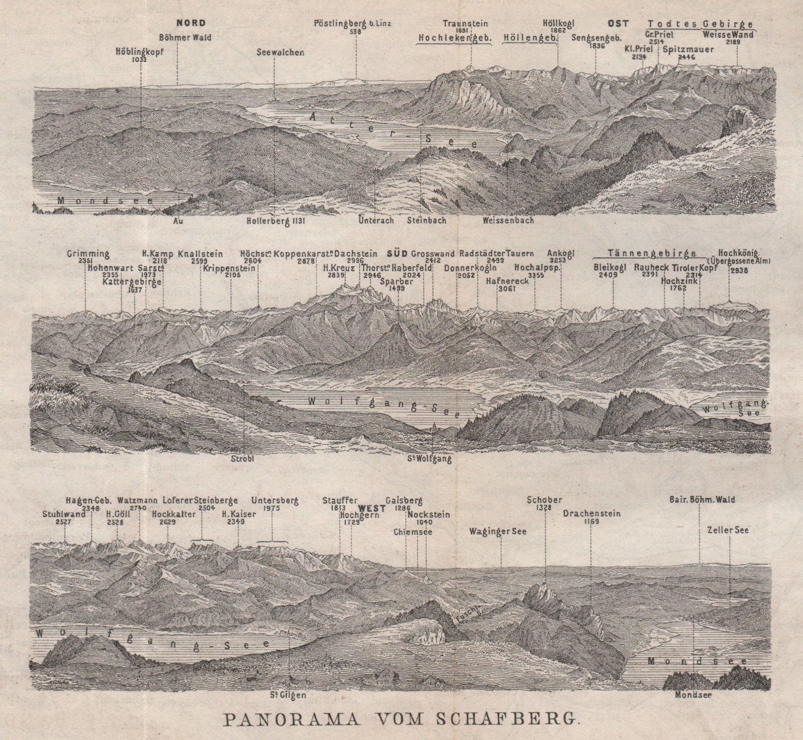 PANORAMA VOM SCHAFBERG, Salzkammergut. Austria Österreich karte 1896 old map